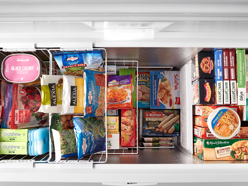 Frozen ingredients stored in an open deep freezer