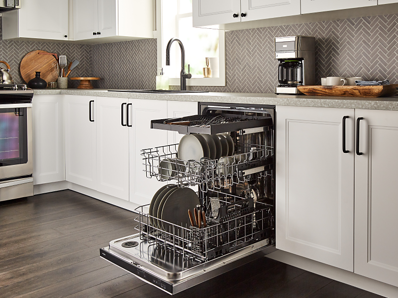 Open Whirlpool® dishwasher with 3rd Rack