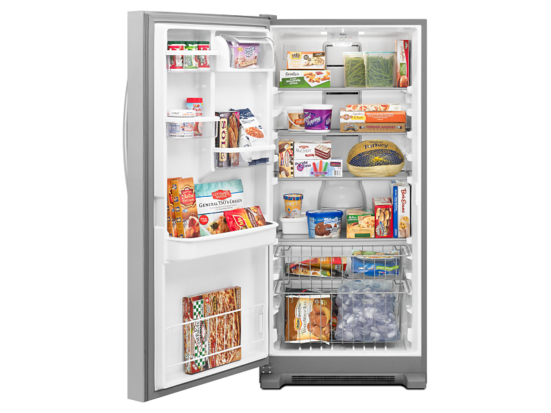 Upright freezer opened to show contents