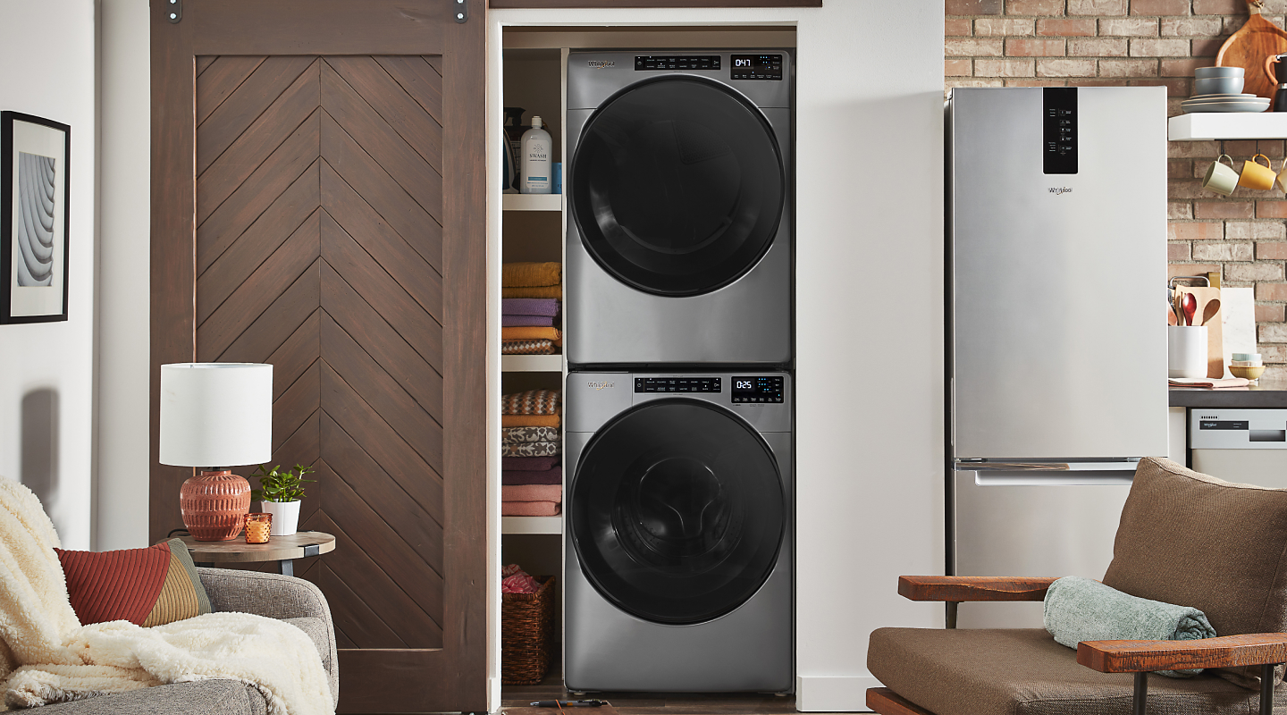 Stacked chrome shadow Whirlpool® washer and dryer