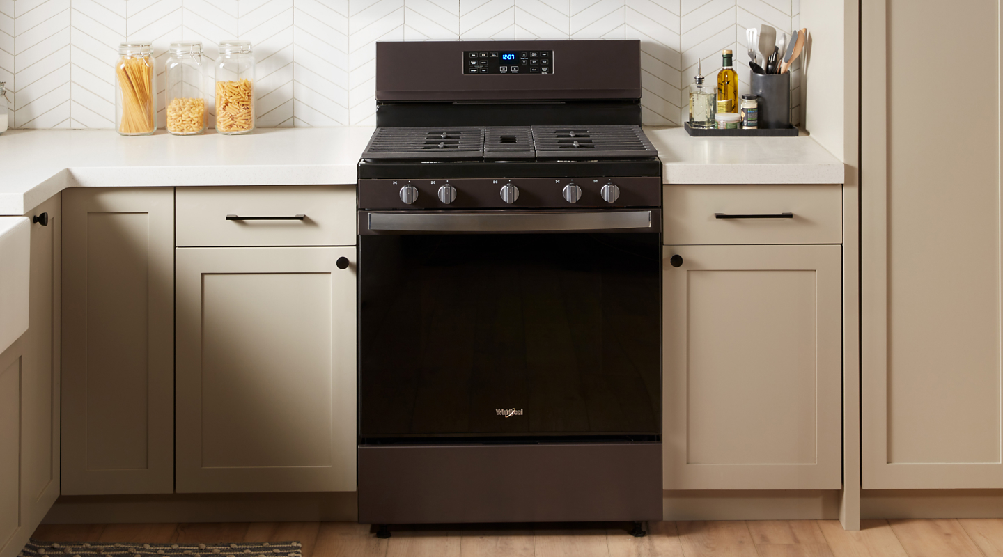 A Whirlpool® oven with Air Fry Mode in a modern kitchen.