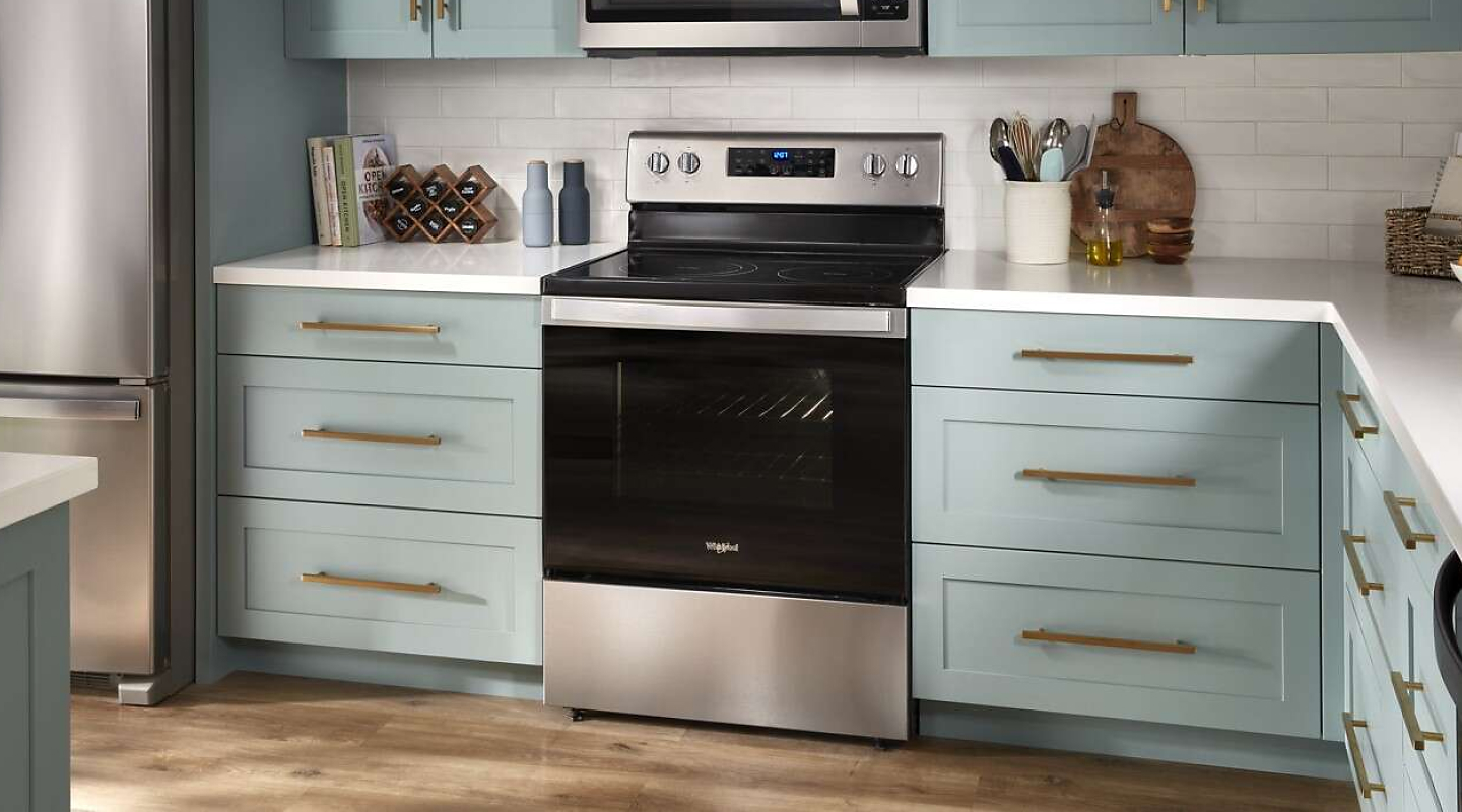 A Whirlpool® oven with Air Fry Mode in a modern kitchen.