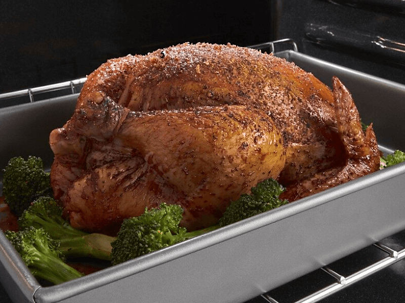 Seasoned cooked turkey in a roasting pan surround by stalks of broccoli
