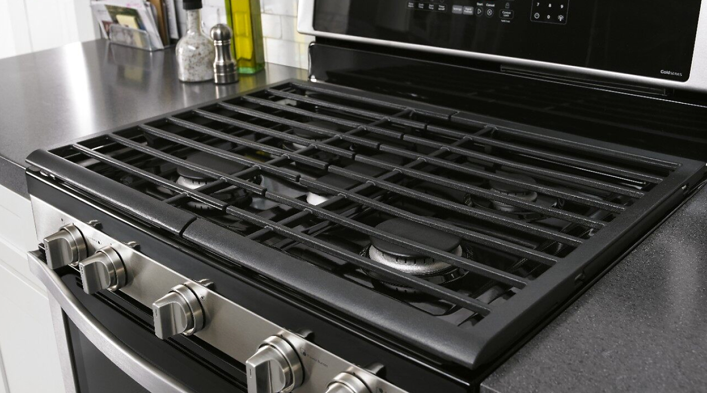 A KitchenAid® gas range with five-burners.