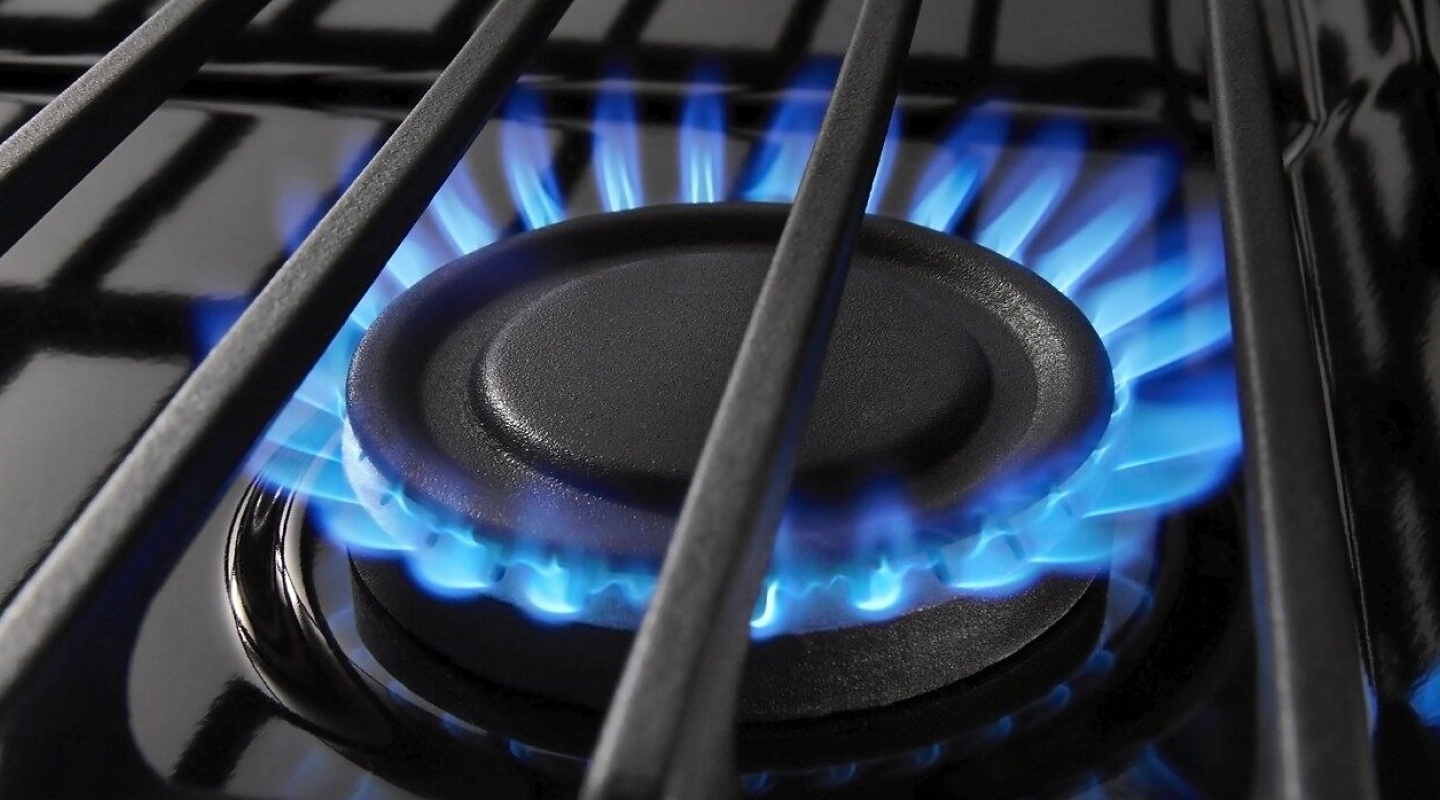 Blue flames ignited on a gas burner.