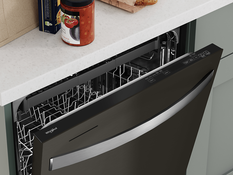 Black Whirlpool® top control dishwasher