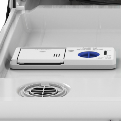 A detergent dispenser on a dishwasher