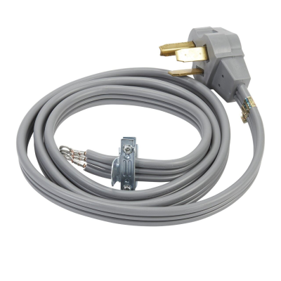 Gray electrical cord for a dryer.
