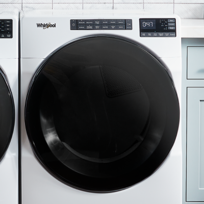 White front load Whirlpool® dryer.