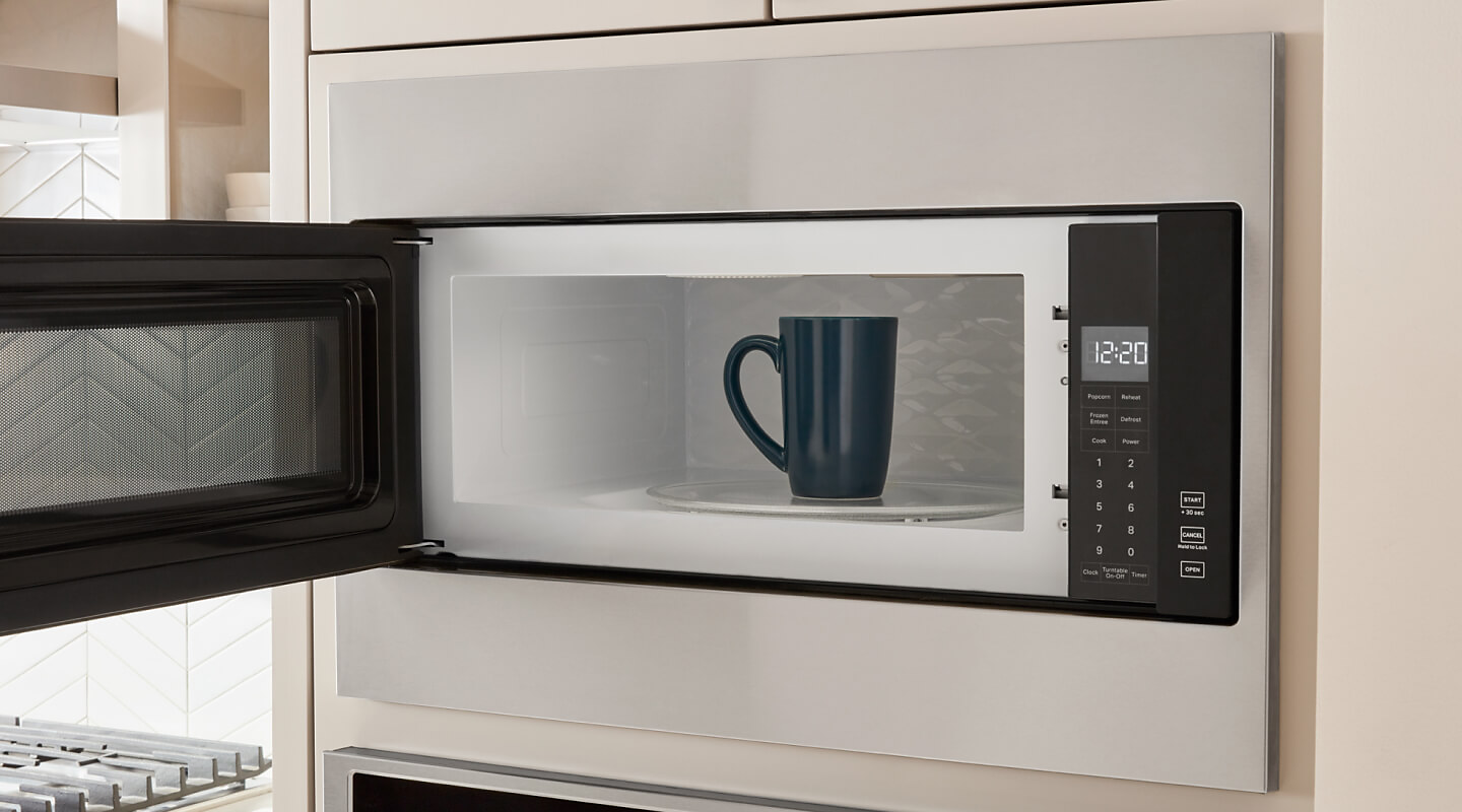 Coffee mug inside of a microwave