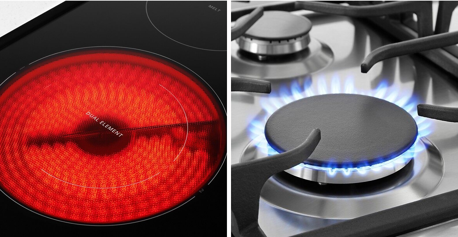 Close up side-by-side image of an electric burner and a gas burner