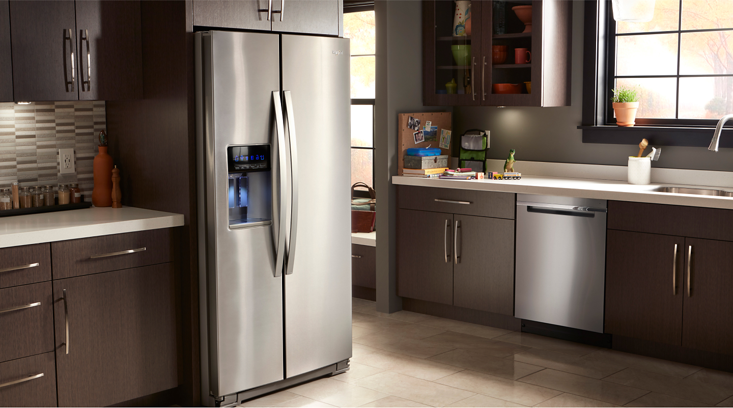 Side-by-side stainless steel refrigerator in a cutout