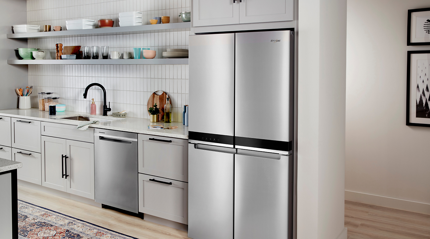 4-door refrigerator in a bright white kitchen