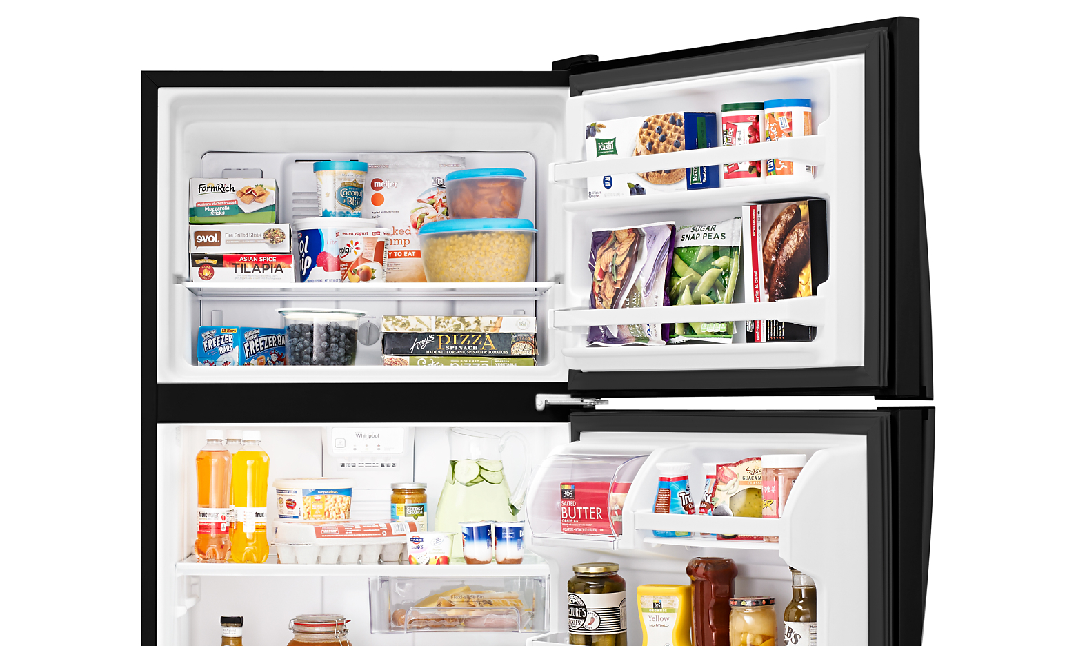 Refrigerator with top freezer opened on top and bottom to show organization
