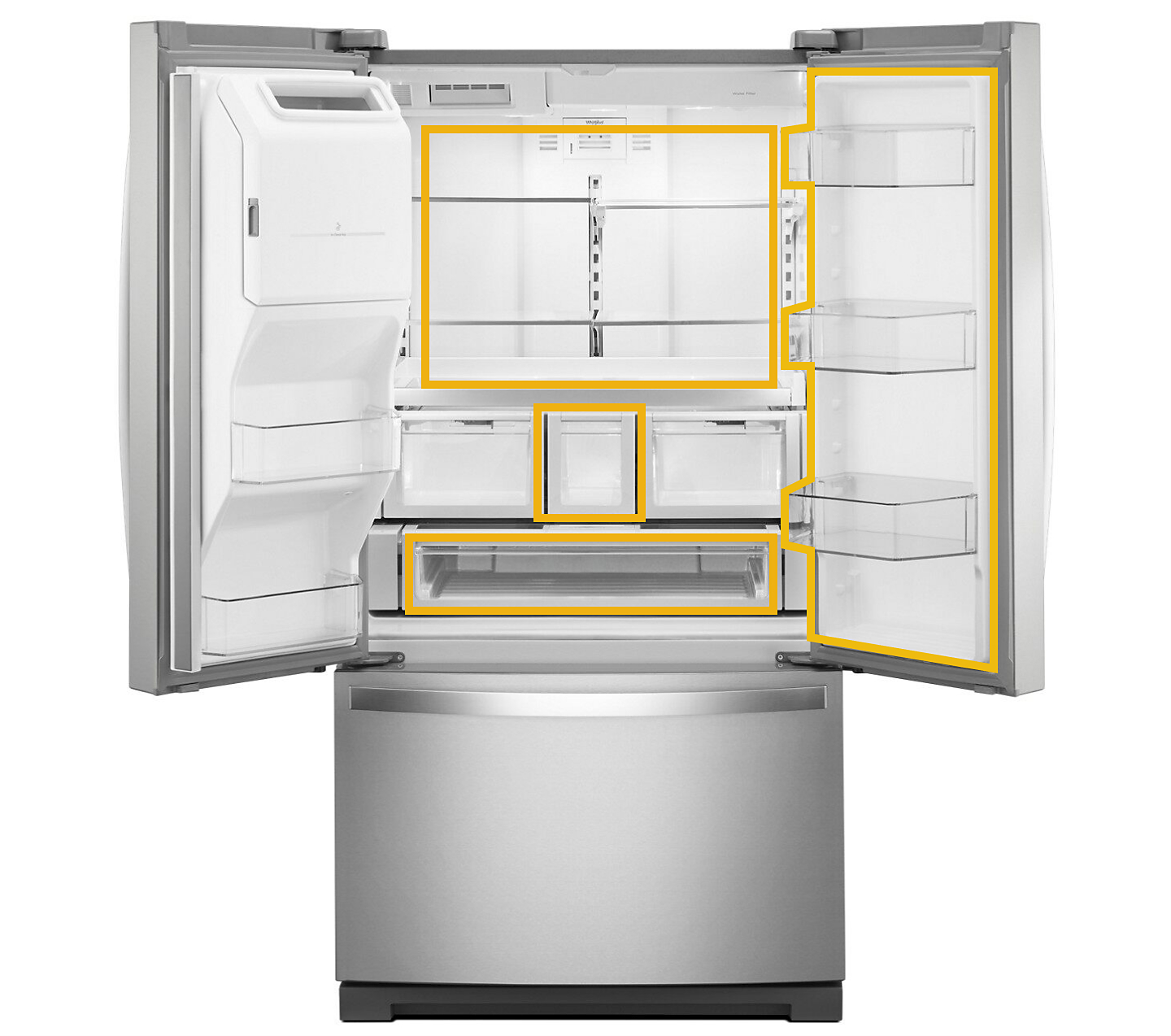 Whirlpool® French Door Refrigerator with doors open 