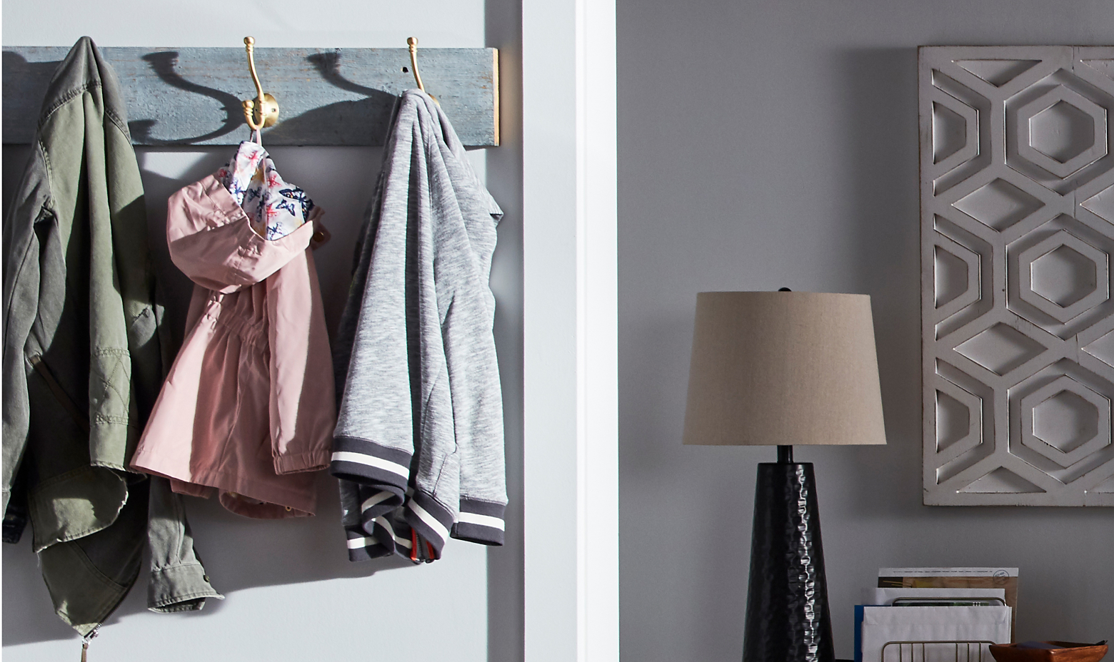 Clothes hanging on a rack in modern living room