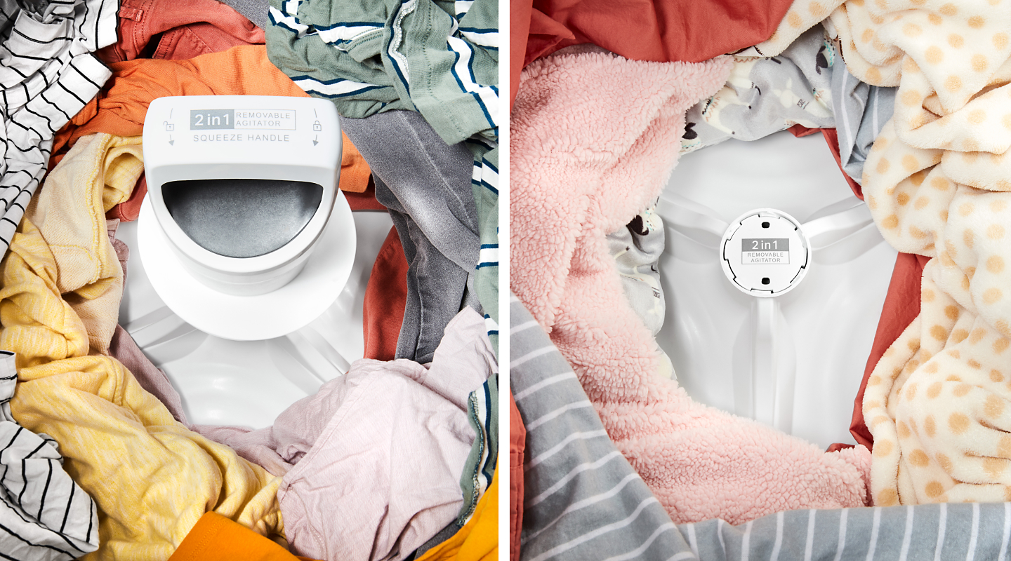 Clothing in washing machine with agitator next to clothing in washing machine with impeller