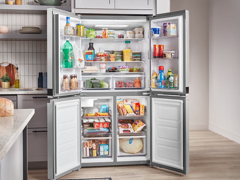 4-door refrigerator open to reveal contents