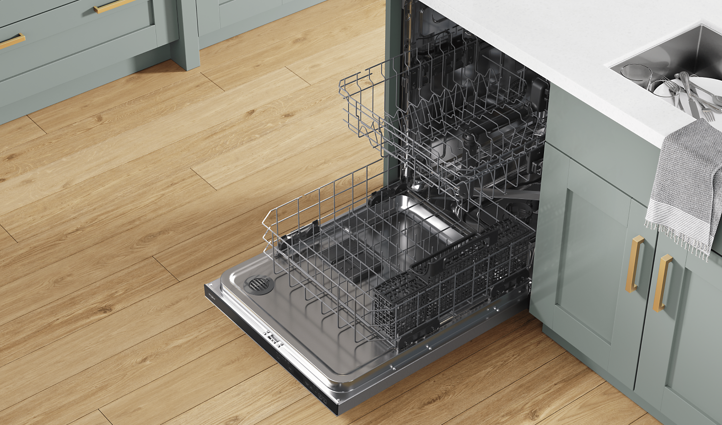 An empty dishwasher with empty racks extending out