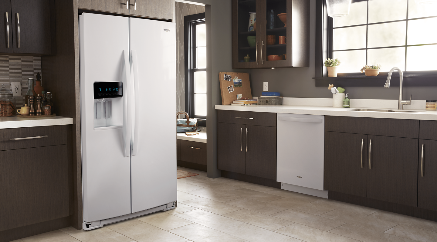 White Whirlpool® side-by-side refrigerator