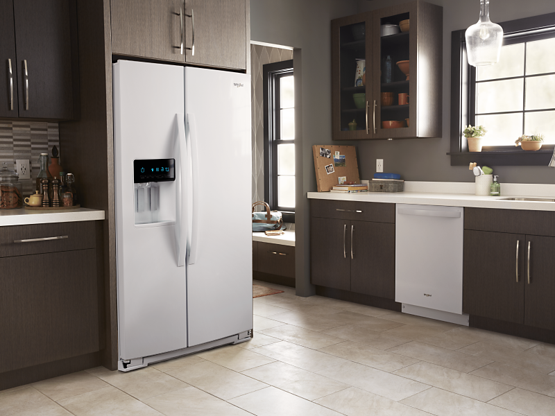 White Whirlpool® side-by-side refrigerator