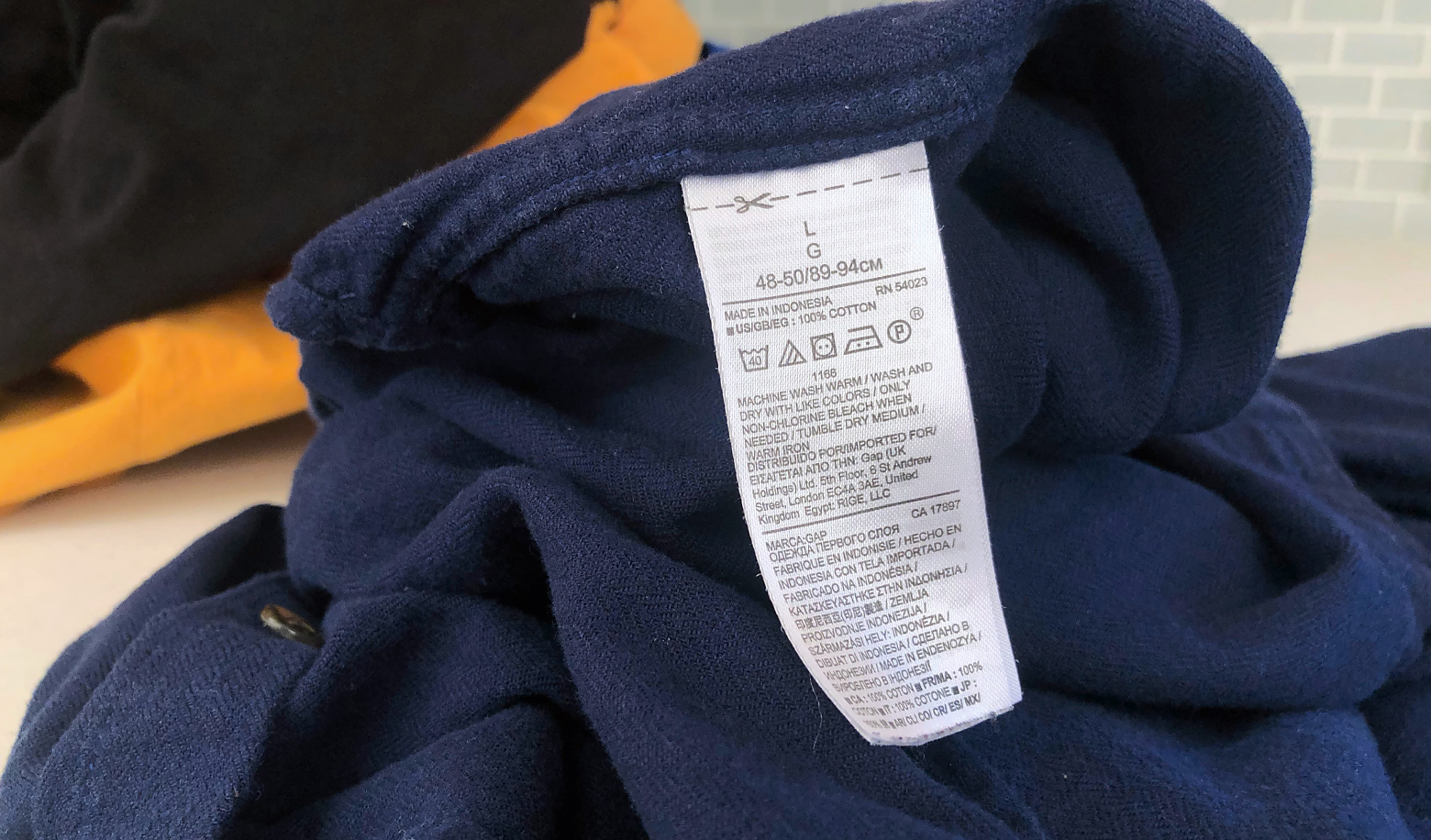 Close up of clothing garment’s care tag