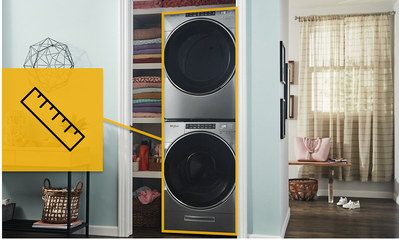 Stacked washer and dryer with ruler icon