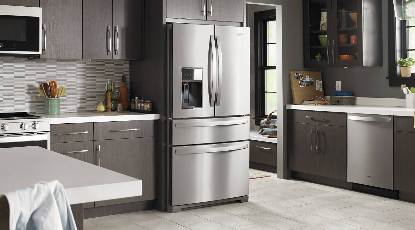 Stainless steel Whirlpool® french door refrigerator in a modern kitchen