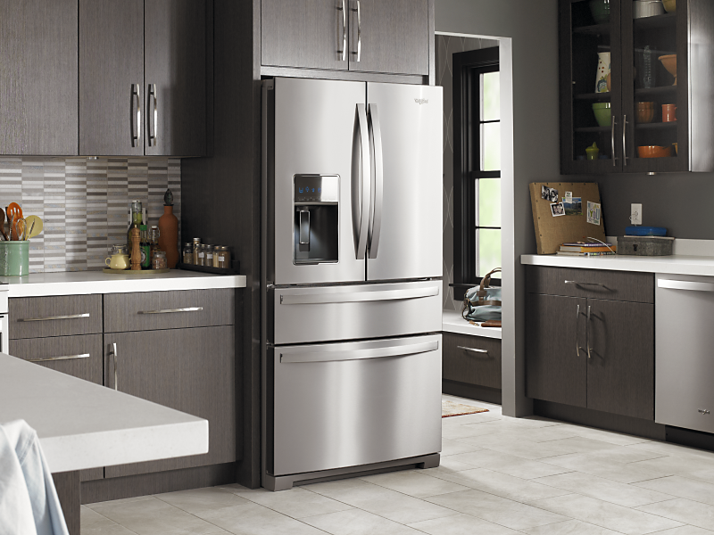 Stainless steel Whirlpool® french door refrigerator in a modern kitchen