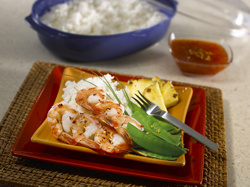 A fresh dish of shrimp over rice
