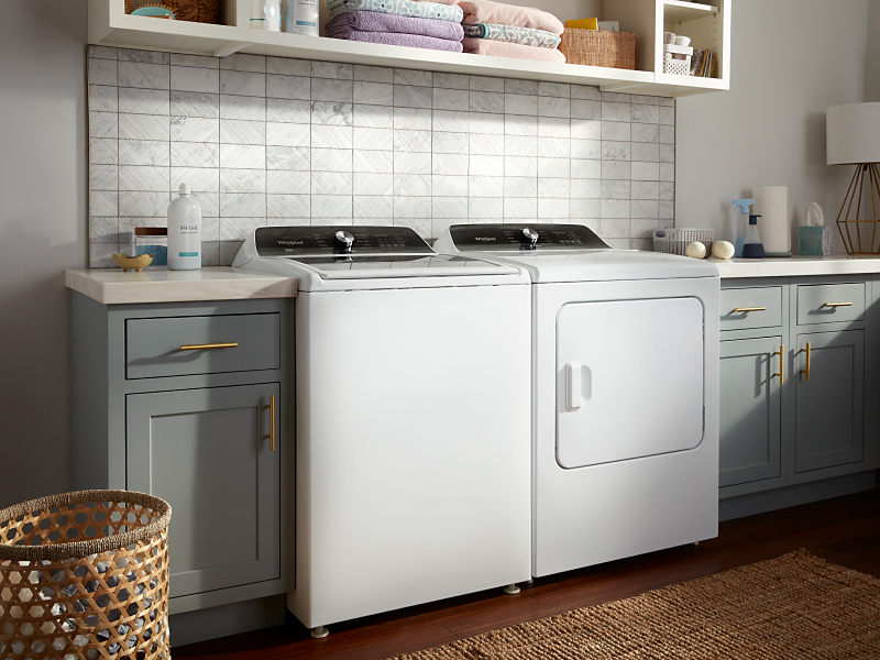 A white Whirlpool® washer and dryer set.