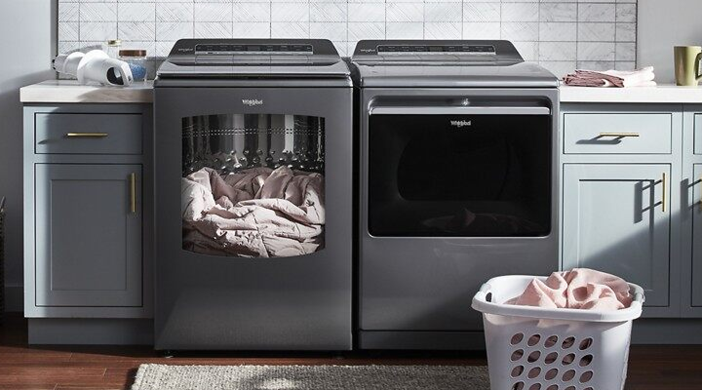 A Whirlpool® washer loaded with a down comforter