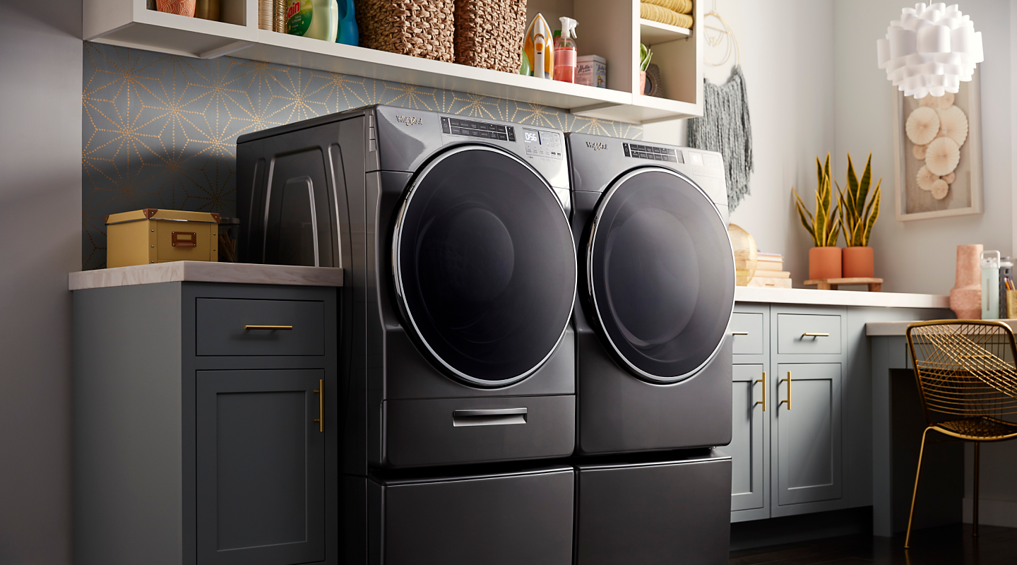 A front-load washer and dryer set by Whirlpool brand