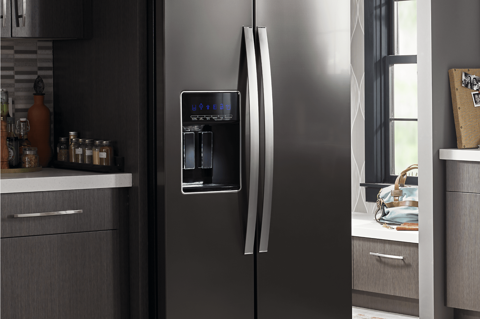 Gray side-by-side refrigerator with external ice maker