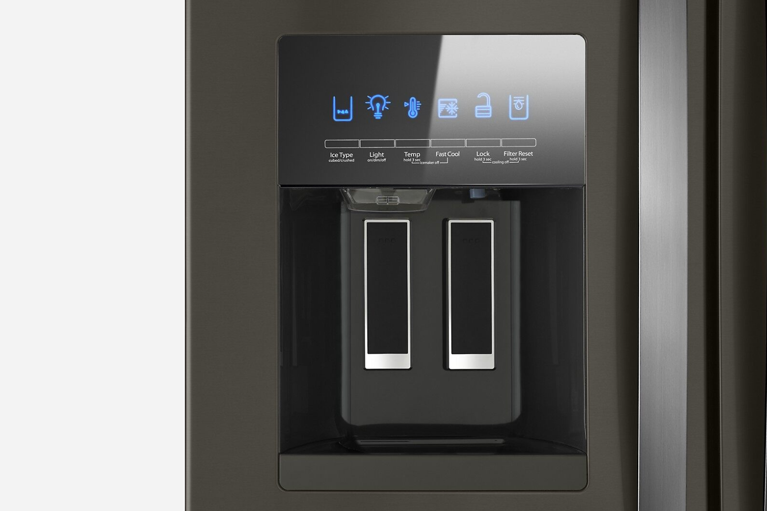 Close-up of exterior ice maker and water dispenser interface