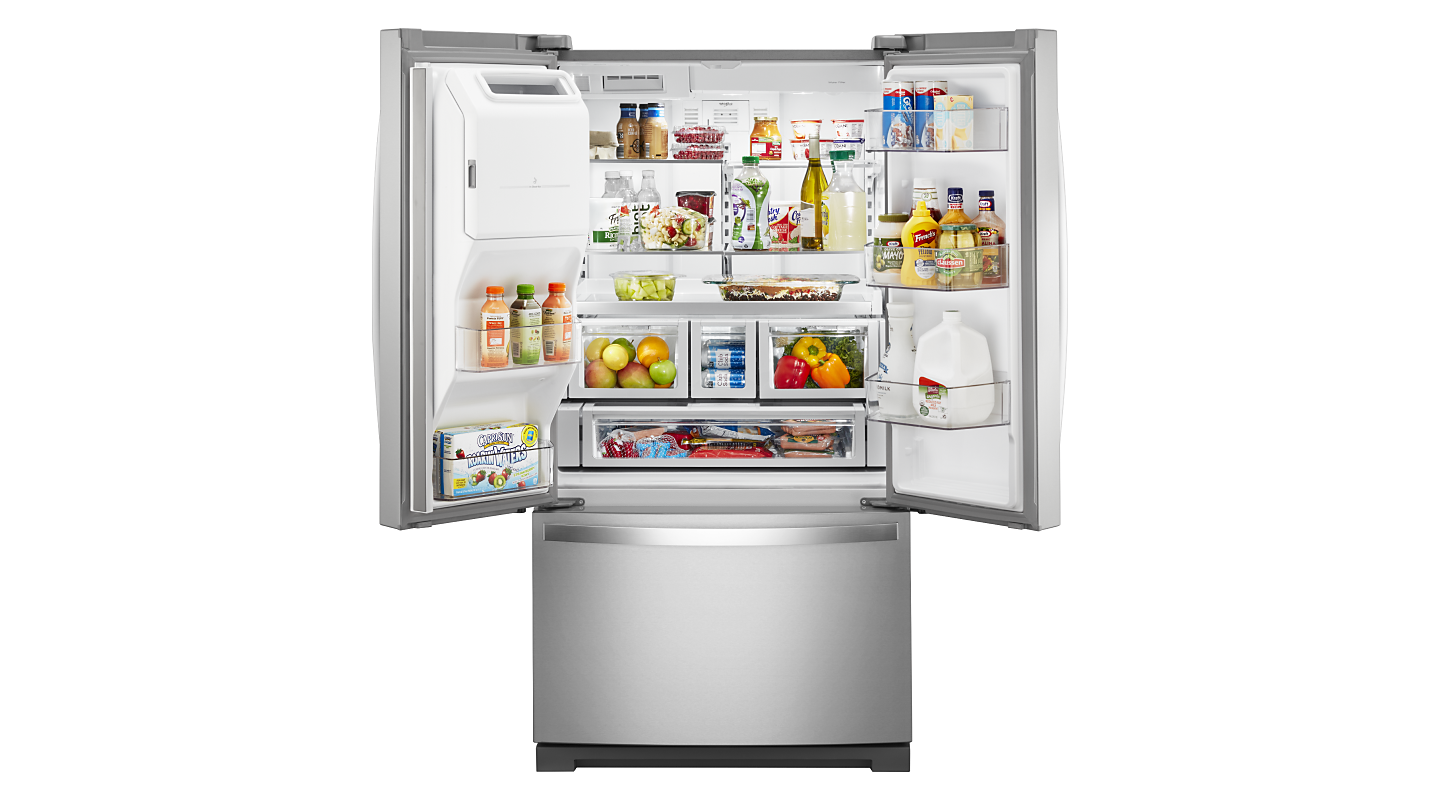 French door refrigerator with both sides open