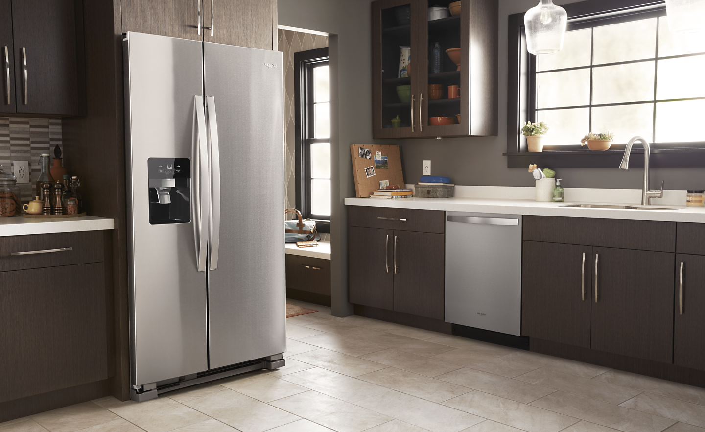 Modern kitchen with stainless steel side-by-side refrigerator