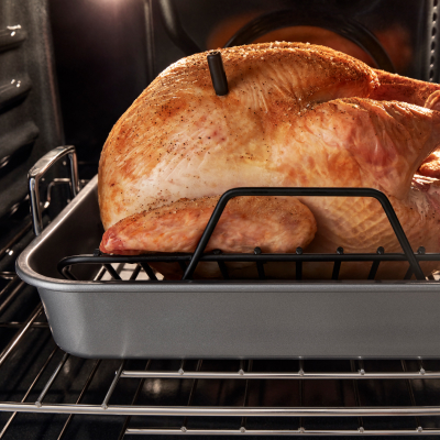 Turkey in a roasting pan inside an oven