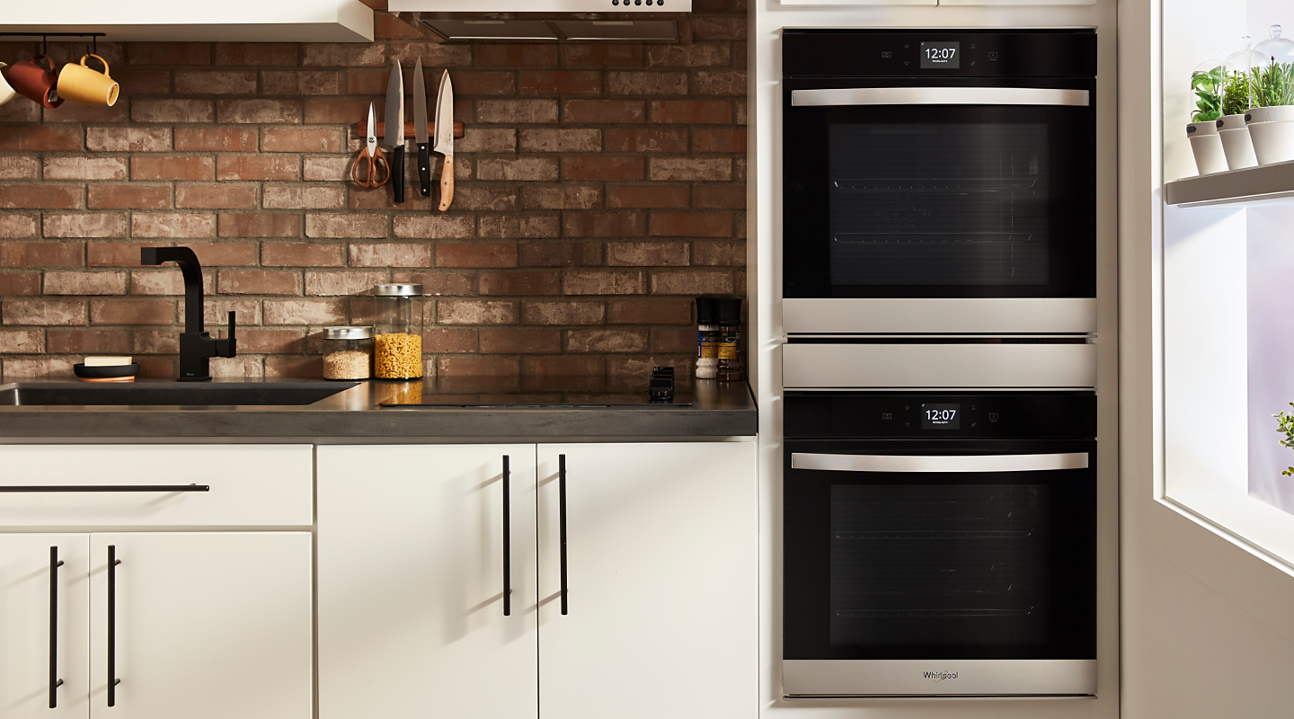 Whirlpool® double wall ovens set in cabinetry