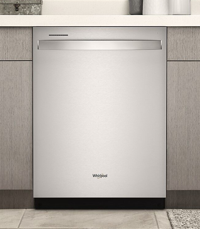 A stainless steel Whirlpool® dishwasher.