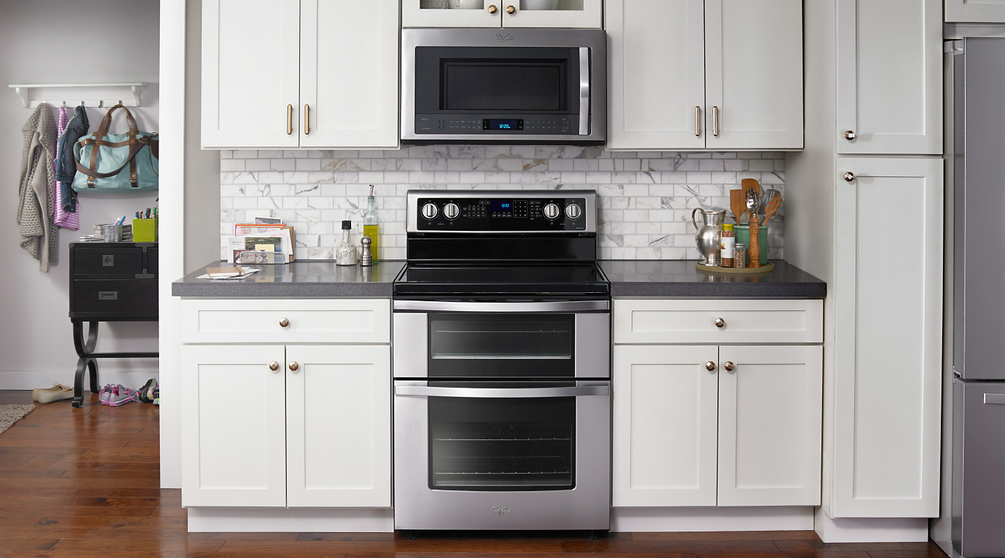 Whirlpool® double oven range and over the range microwave
