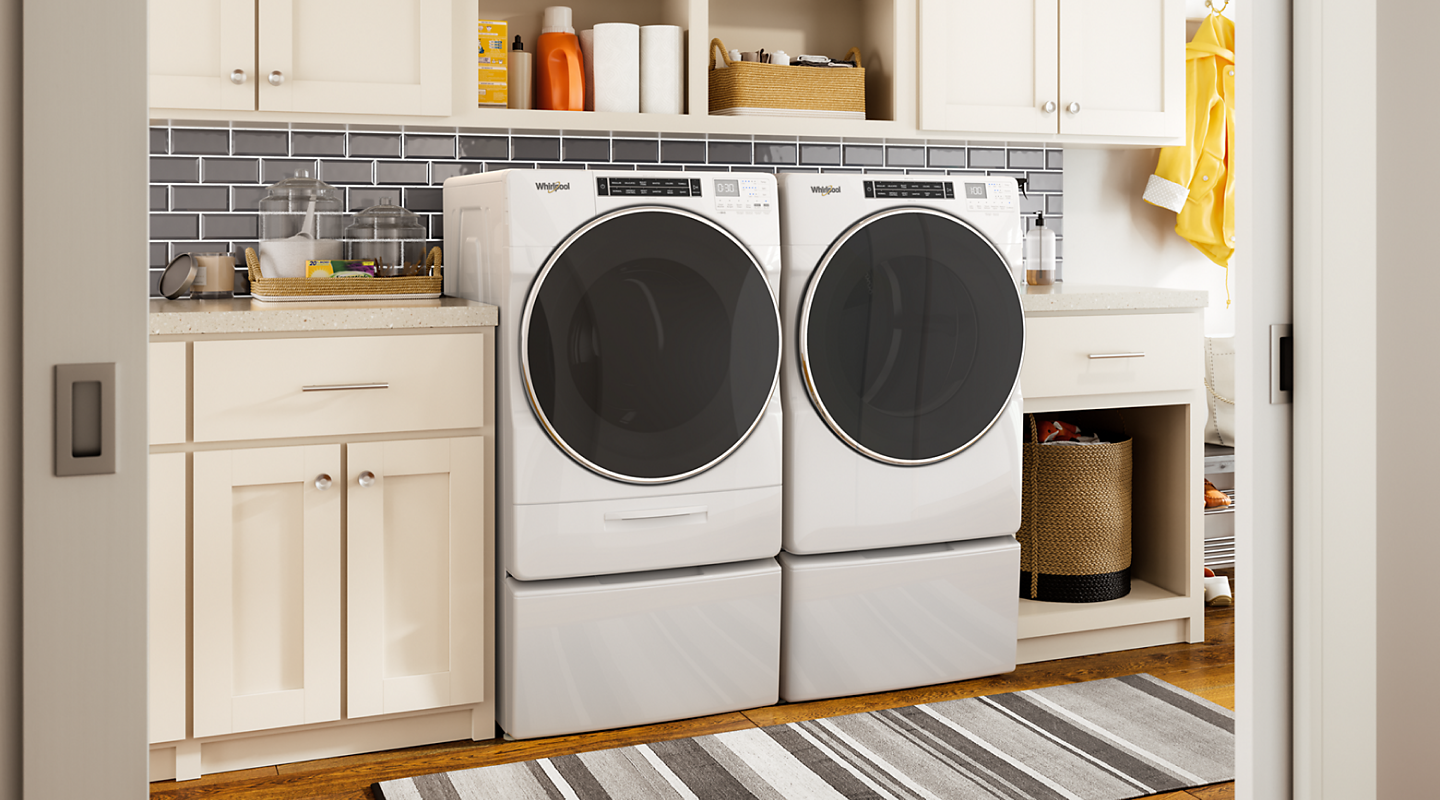 Whirlpool®  5.0 cu. ft. Front Load Washer with Load & Go™ XL Dispenser and 7.4 cu. Ft. Front Load Electric Dryer with Steam Cycles 