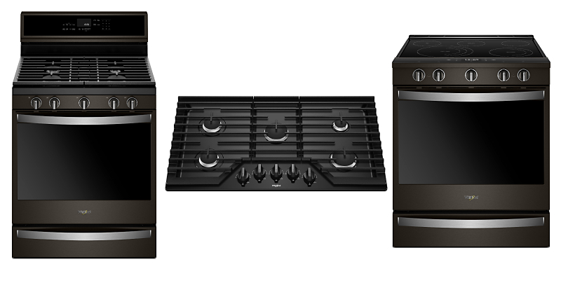 Black Whirlpool® freestanding range, gas cooktop and slide-in range