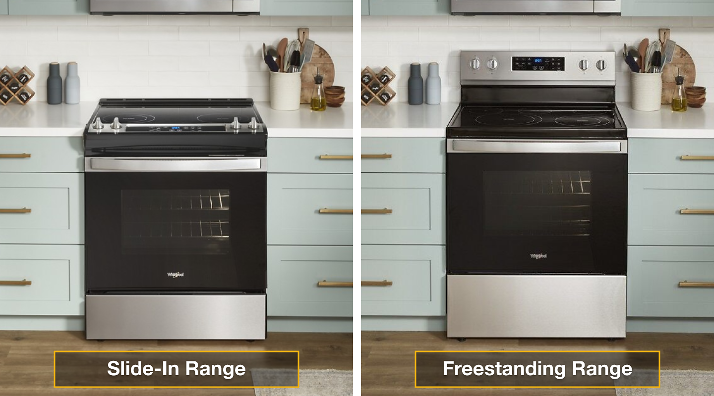 A side-by-side view of a Whirlpool® slide-in and freestanding range