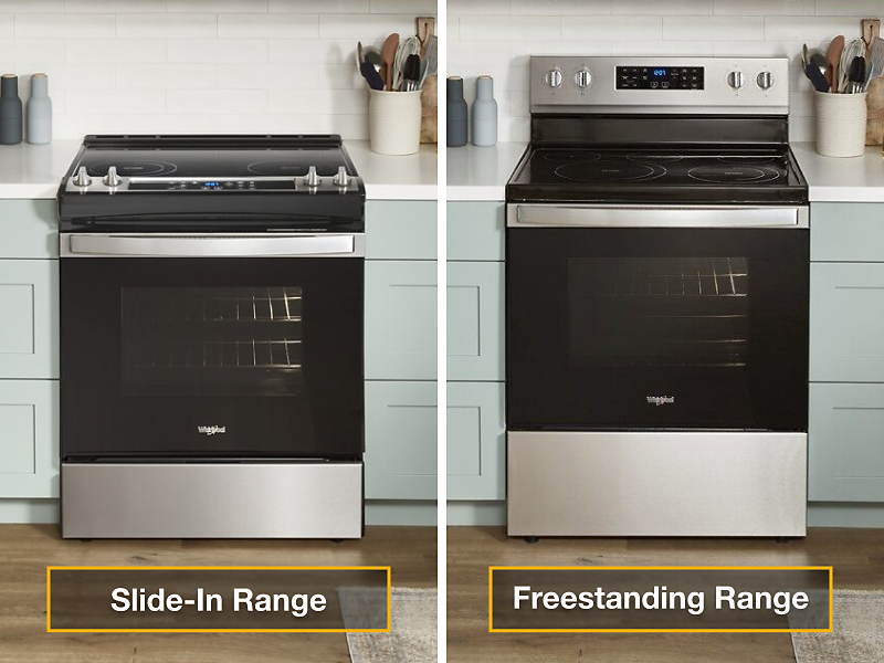 A side-by-side view of a Whirlpool® slide-in and freestanding range