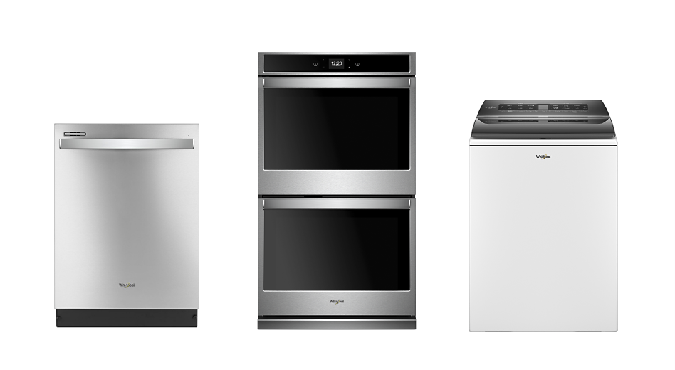 白色背景下的洗碗机、双烤箱和洗衣机