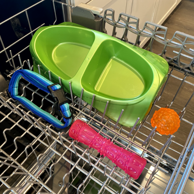 Pet accessories on the top rack of the dishwasher