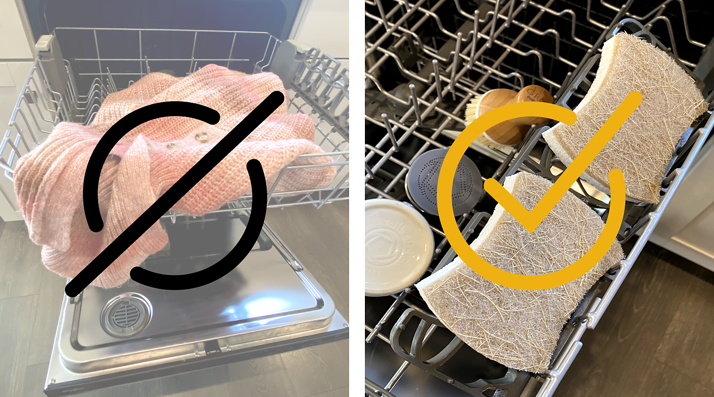 Side-by-side image of the do's and dont's of washing items in a dishwasher