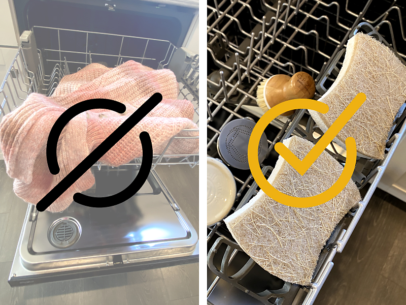 Side-by-side image of the do's and dont's of washing items in a dishwasher