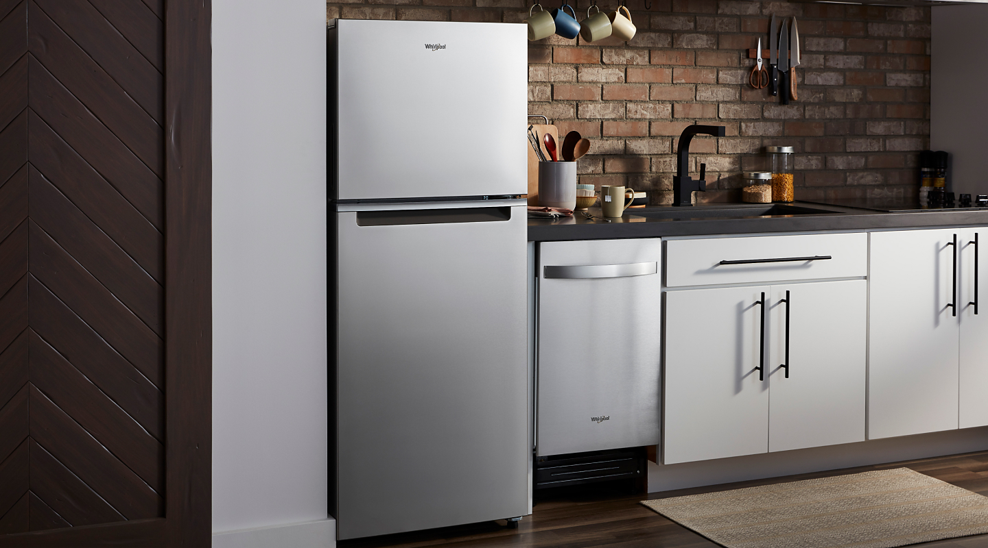 Stainless steel Whirlpool® top freezer refrigerator